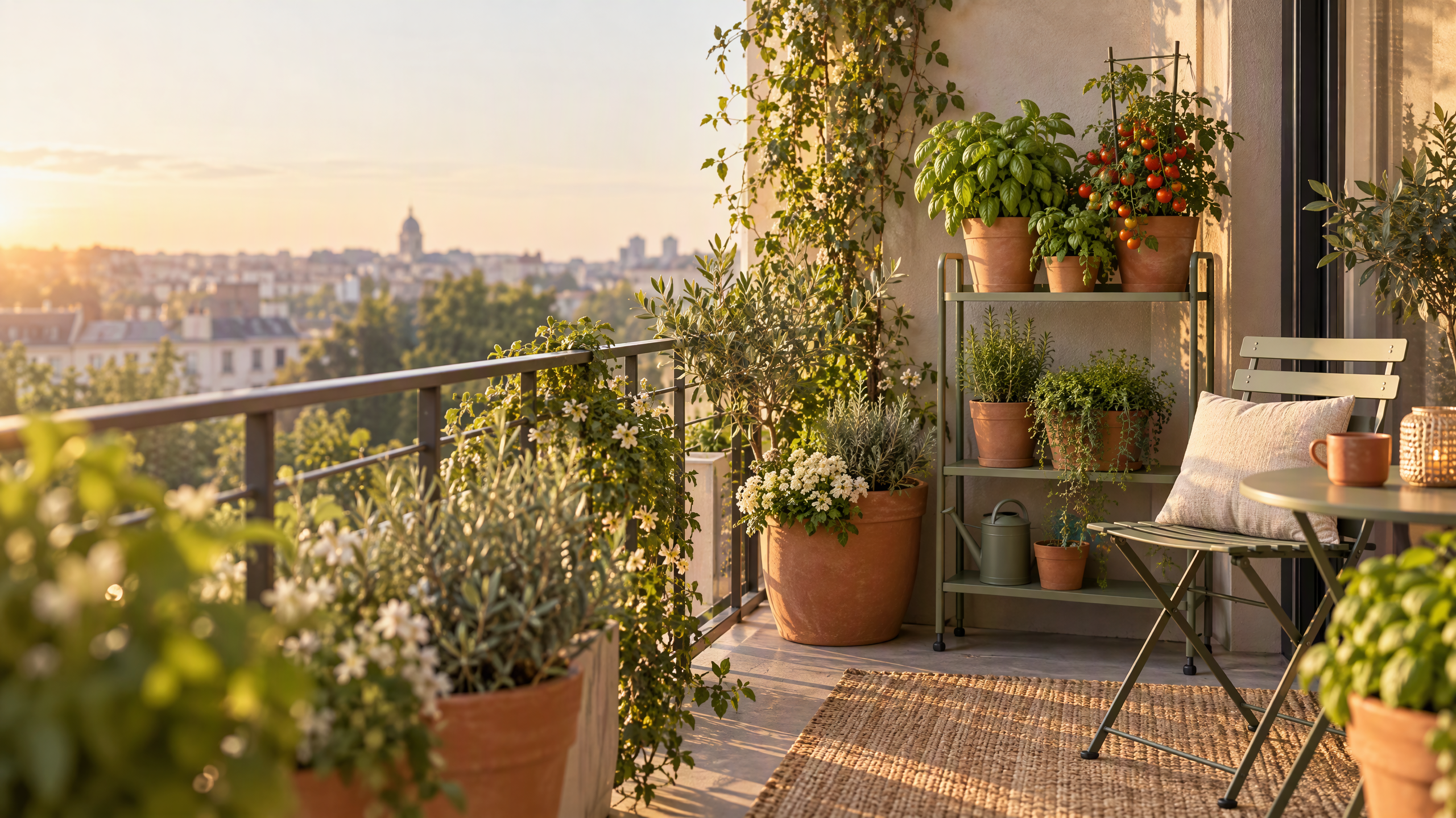 A compact apartment balcony with potted herbs and leafy plants in warm afternoon light